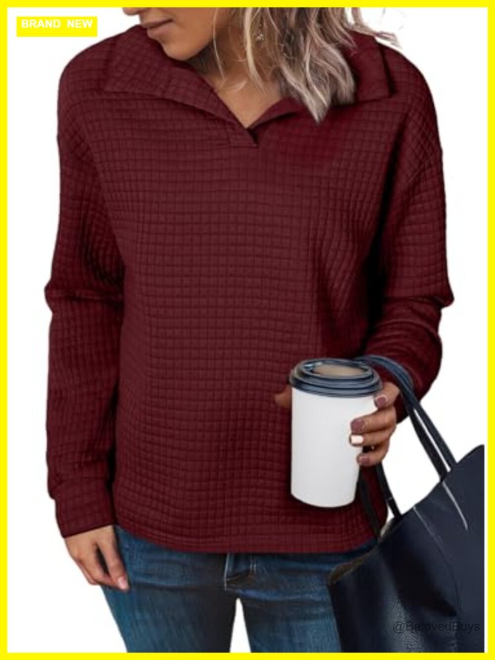 SHEWIN Women's Waffle Knit Polo Neck Pullover Loose Casual Top